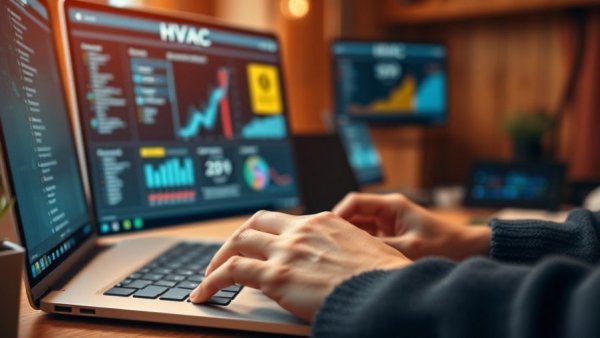User exploring HVAC support software interface on a laptop, showcasing home management features.