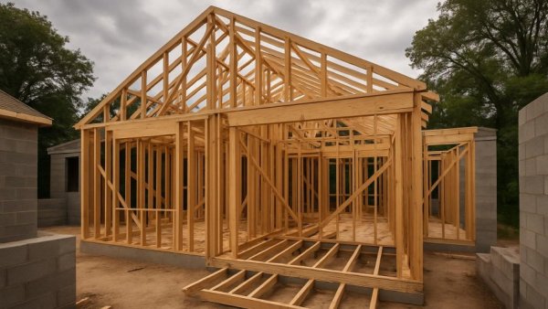 Early stage home construction showing wooden framework in progress.