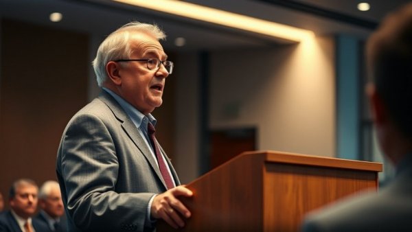 Elderly man giving a speech at a conference on Trump Media fusion power merger.
