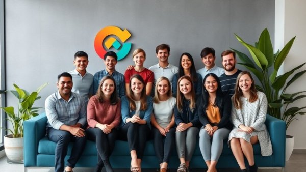 Diverse team in a modern office, smiling and seated on a sofa.