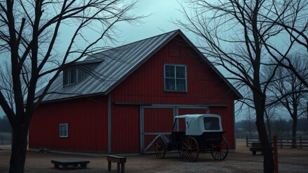 Historical fiction mystery barn with carriage under ominous sky.