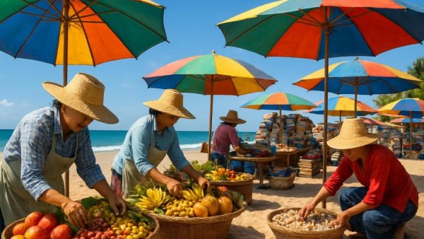 Beach vendors display hats and items on a sunny seaside.