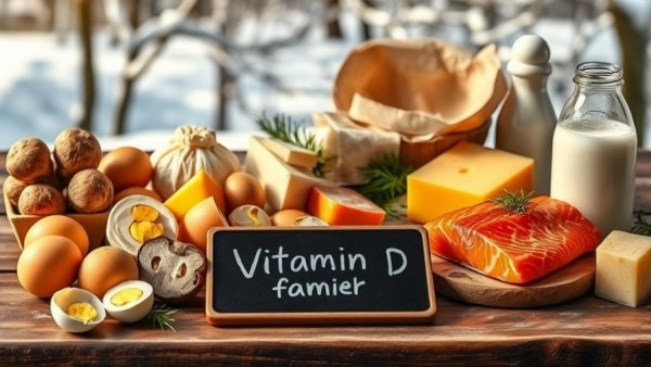 Vitamin D-rich foods on a rustic table in a snowy winter setting.