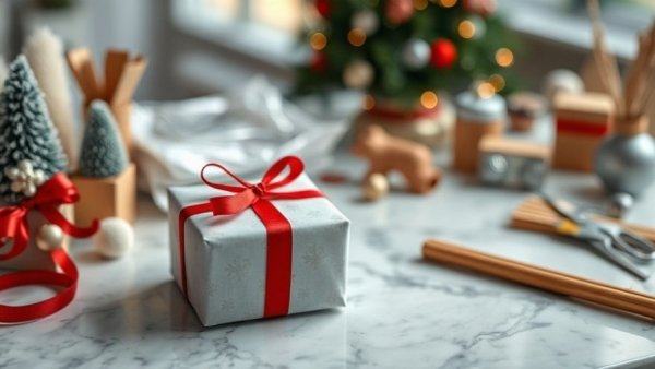 Festive table with a red-ribbon gift and crafting items for 'Dear Santa' letters.