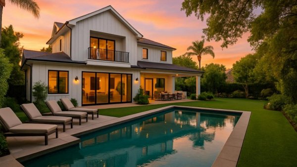 Contemporary farmhouse in Los Angeles with pool and garden.
