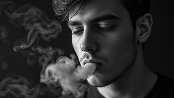 Young man using prefilled pod kit UK, exhaling smoke.