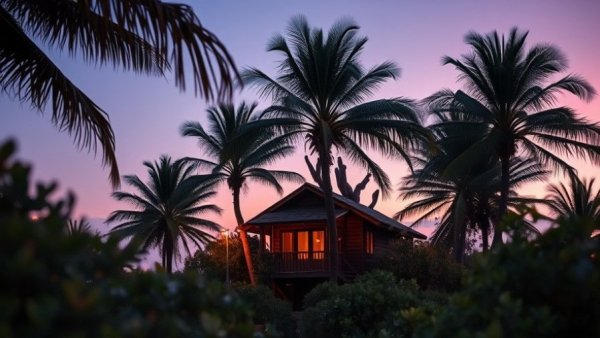 Romantic treehouse hotel in Cabo at dusk surrounded by palms.