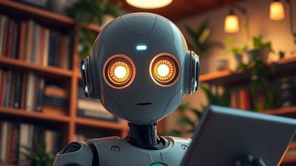 Charming humanoid robot in a warm room with books and plants.