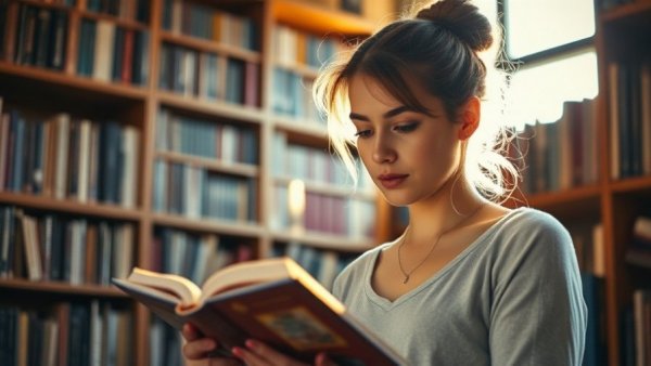 Woman reading in sunlight, bookstore setting, Great Big Beautiful Life.