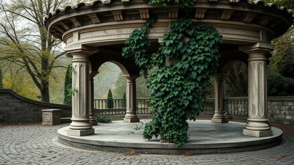 Weathered stone pavilion surrounded by ivy in a December creative inspirations setting.