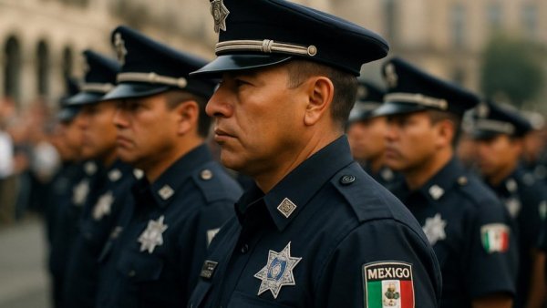 Mexican police officers standing in line during event, Los Cabos Tourist Safety.