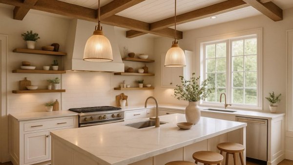 Chic modern farmhouse kitchen with white marble island and pendant lights.