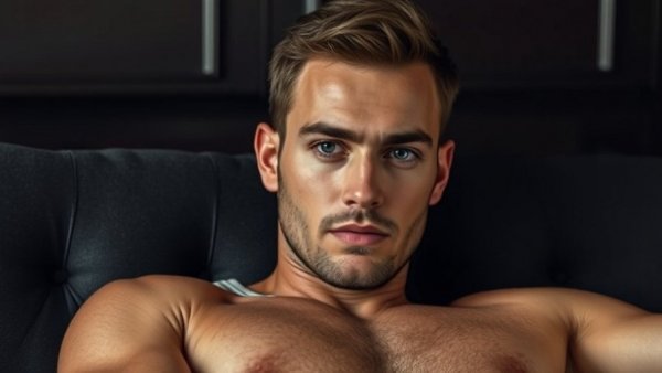Attractive man lounging with intense gaze on book cover.