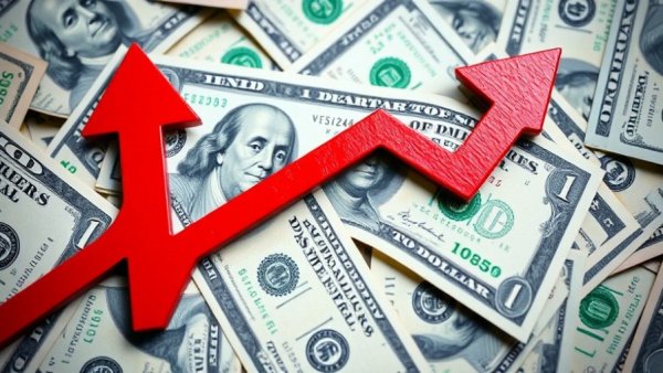 Red trend arrow on dollar bills highlights financial decline.