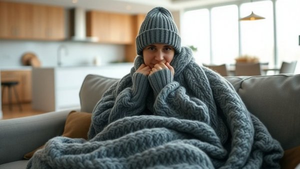 Person seeking heating tips in winter, wrapped in blanket indoors.