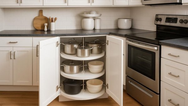 Efficient white shaker kitchen with soapstone countertops featuring organized revolving shelves.
