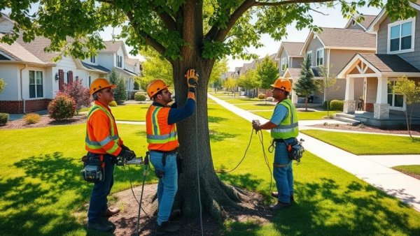 JP Tree Service Riverside County workers maintaining tree in sunny suburb.