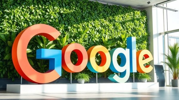 Alphabet's vibrant Google logo in modern office, lush greenery.