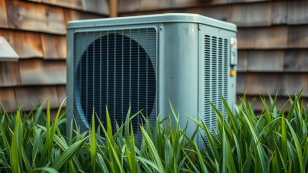 Outdoor AC unit with greenery, R-410A installations relief.