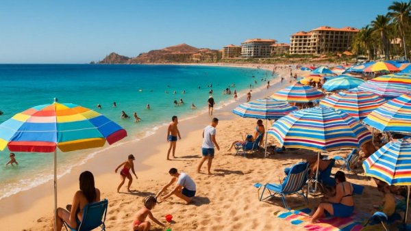 Sunny beach scene at Blue Flag beaches Los Cabos, vibrant atmosphere.