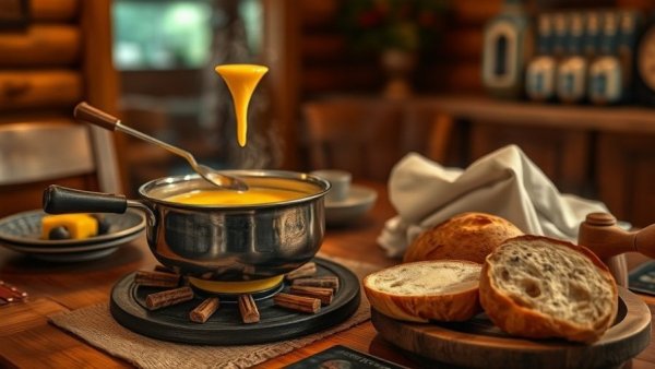 Rustic fondue and bread on a wooden table, warm ambient setting.