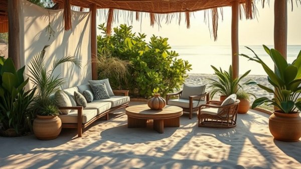 Serene Cabo travel beachside area with natural decor and soft lighting.