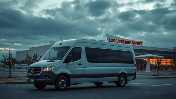 Cabo airport transportation van at Los Cabos airport with cloudy sky.
