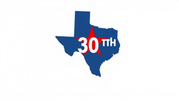 Texas map outline with a star and '30th', representing the 30th district.