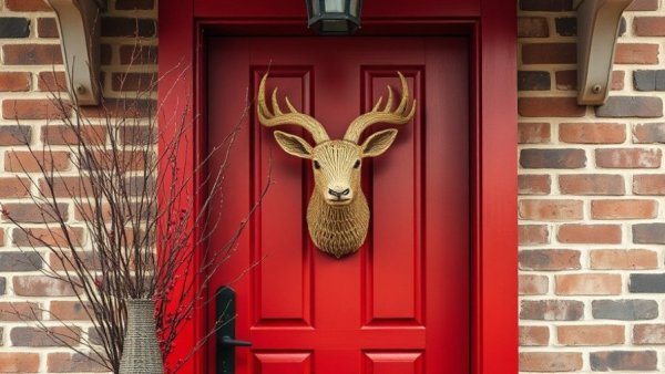 Rustic red door with minimalist holiday decor against brick wall.