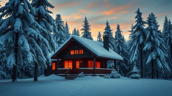 Log home in snowy forest at sunset illustrating cost considerations