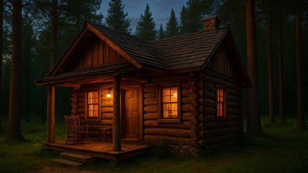 Rustic design in home renovation; cabin with wooden beams in forest.