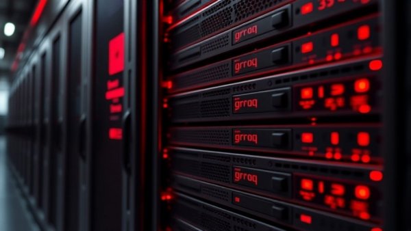 Close-up of Groq server rack in data center for Nvidia Acqui-Hires AI Talent.