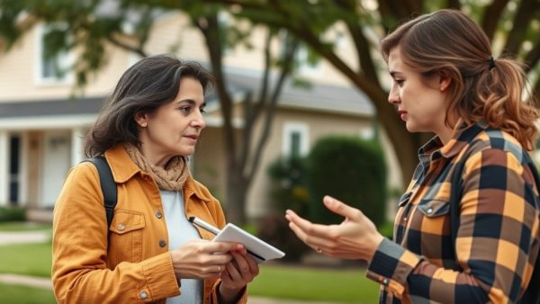 Two people discussing common misconceptions about heat pumps, outdoor.