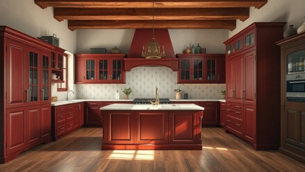 Heirloom Collection Kitchen with rustic maroon cabinetry and vintage design.