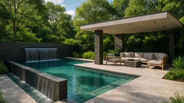 Luxurious modern pool retreat with sleek stone design and lush greenery.