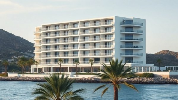 Modern hotel by ocean in Cabo San Lucas vacation shot