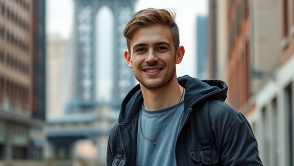 Young man smiling outdoors, symbolizing balancing startup growth and fatherhood.