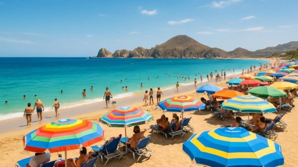 Americans enjoying Cabo's sunlit beach with vibrant umbrellas.