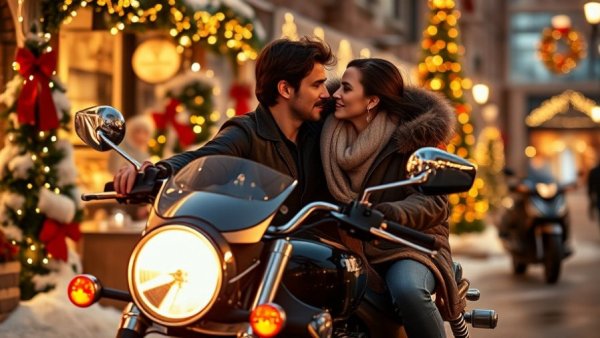 Romance novel cover featuring a couple on a motorcycle with a holiday theme.