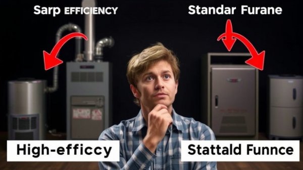 High-efficiency vs standard furnace comparison with thoughtful person.