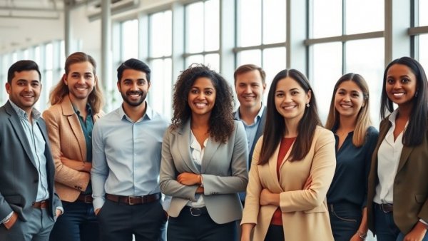Diverse professionals group smiling in office, AI opportunities and challenges.
