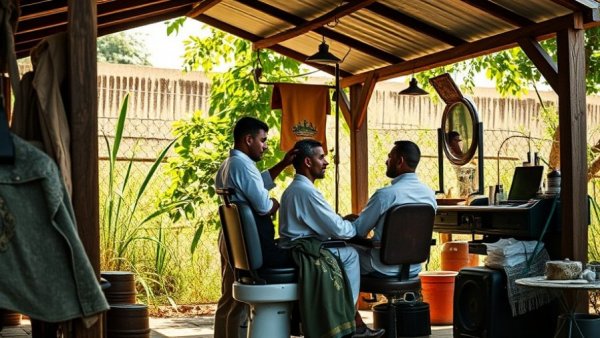 Outdoor barbershop scene highlighting local business momentum.