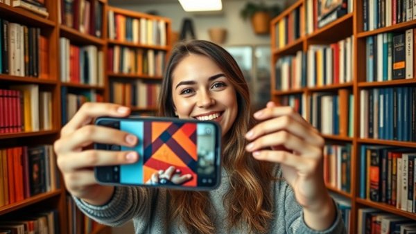 BookTok influencer showcasing colorful book in cozy setting