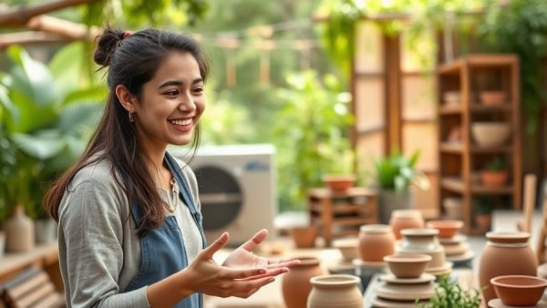 Person discussing heat pumps in pottery setting, heating and cooling.