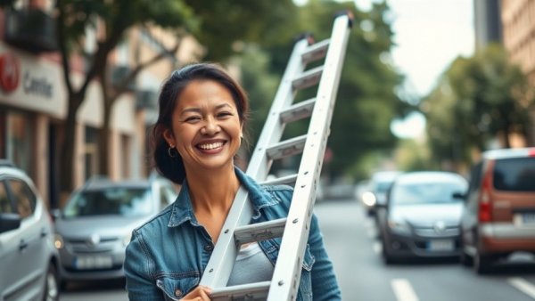 Confident technician carrying ladder, showcasing inclusive workforce strategies.