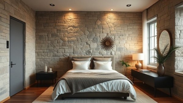 Modern bedroom decor with stone walls and warm lighting, Holiday Decor Trends 2025.