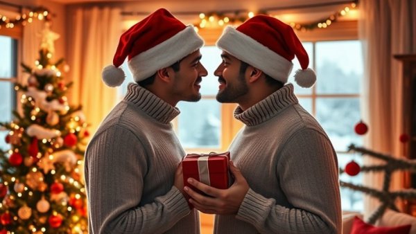 Heartwarming LGBTQIA+ holiday romance with two men in Santa hats.