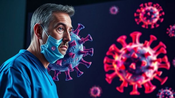 Medical professional with virus illustration highlighting misinformation.