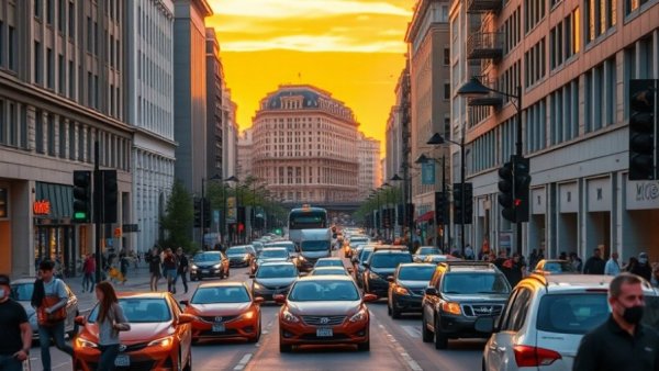 Bustling city boulevard during sunset in India, vibrant skyline.