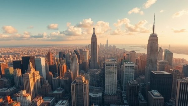 Skyline of skyscrapers at sunset in urban financial district.